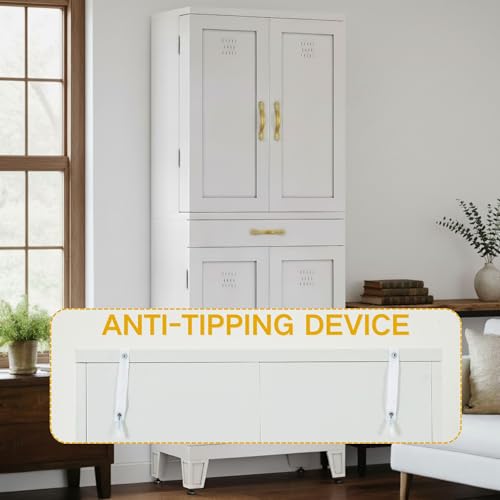 DWVO Metal Storage Cabinet, 71" Kitchen Pantry Cabinet with 4 Door & 4 Adjustable Shelves & Drawer & Door Rack, 6-Tier Tall White Steel Cabinets for Kitchen, Living Room, Dining Room DWVO