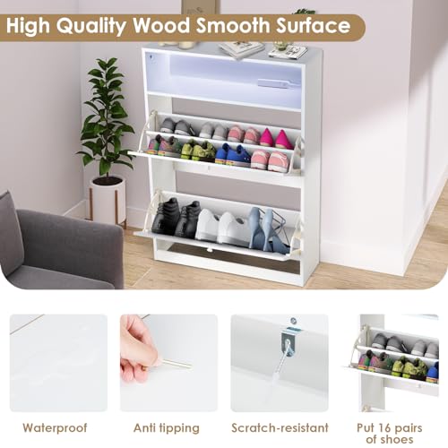 HOPUBUY Shoe Cabinet for Entryway, White Narrow Shoe Storage Cabinet Flip Down Shoe Rack Wood 3 Tier Shoe Organizer for Home and Apartment, Led Light - WoodArtSupply