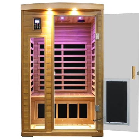 2 Person Low EMF Infrared Sauna for Home, Red Cedar Wood Far Infrared Saunas, 1750watt Indoor Personal Sauna Room with Door Heating Panels, Blue-tooth, 7-Color Chromotherapy Lights, 2 Outdoor Lamps Kanlanth