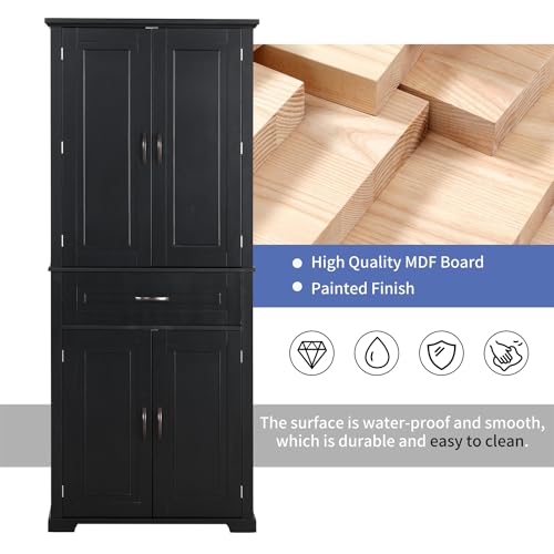 72.2" Tall Storage Cabinet with 4 Doors and Drawer, Freestanding Linen Cabinet, Wooden Pantry with Adjustable Shelf for Kitchen, Bathroom, Living Room, Black