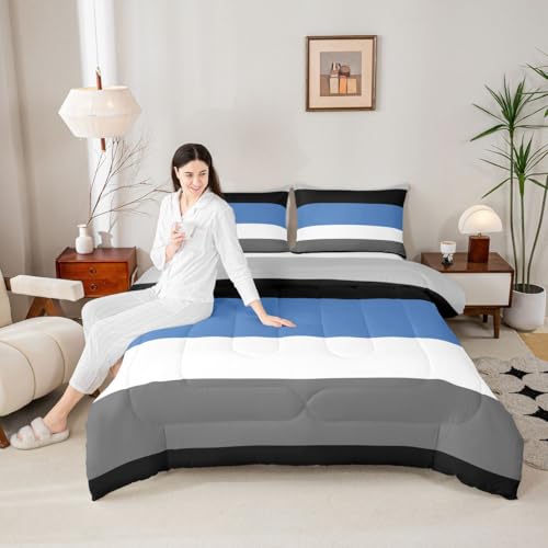 Patchwork Striped Down Comforter Twin Boys Blue Black Dark Gray Bedding Set Bedroom Dorm Decor,Kids Modern Simple Light Grey White Stripes Comforter Set Soft Lightweight Quilt Duvet Insert 2 Pcs Erosebridal