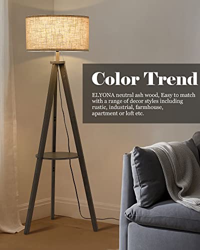 ELYONA Tripod Floor Lamp for Living Room Solid Wood Floor Lamp with Table - Farmhouse Shelf Tall Reading Standing Light with Drum Shade for Bedroom, Office, Study Room, 9W LED Bulb Included,  - WoodArtSupply