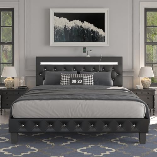 Benevika King Size Upholstered Bed Frame with LED Lights and Charging Station - WoodArtSupply