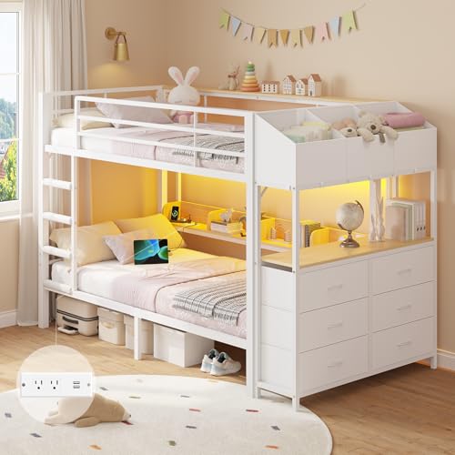 Twin Over Twin Bunk Bed with 6 Storage Drawers & 3 Boxes, Dual Side Shelves, Twin Bunk Beds for Kids with LED Lights and Charging Station, Heavy Duty Metal Bunk Bed with Safety Guardrail and Ladder mojiasion