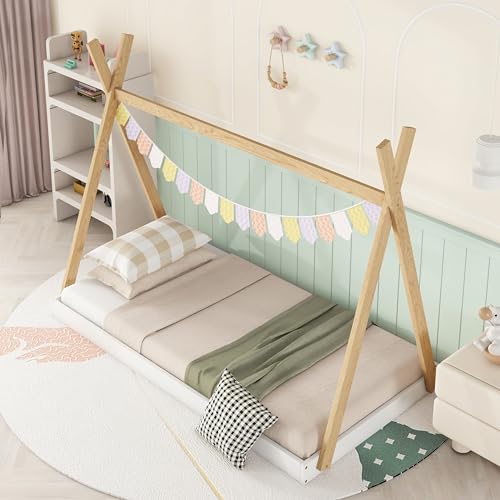 Bellemave Twin Size Teepee Tent Floor Bed Frame with Triangle Structure for Kids - Montessori White and Natural Design - WoodArtSupply