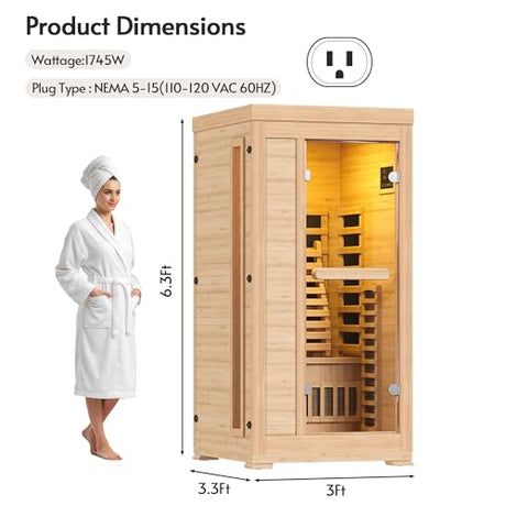 Rotihom 1-2 Person 6.3Ft Infrared Sauna, 7 Color Full Spectrum Wood Dry Sauna. Canadian Hemlock Indoor Saunas with 1745W 20Min Fast Heating & Music Speakers for Home & Gym (40" Lx36 Wx76 H) Rotihom