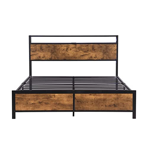 Prohon Queen Size Bed Frame with LED Lights, USB Charging Ports & Storage in Antique Brown - WoodArtSupply