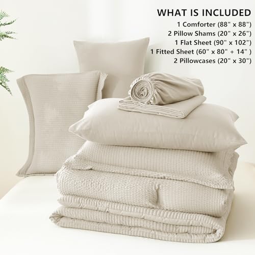 CozyLux Queen Comforter Set Beige - 7 Pieces Striped Seersucker Bed in a Bag, Soft Lightweight Boho Bedding Set with All Season Comforters Queen Size, Sheets, Pillowcases & Shams CozyLux