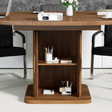 Extendable Round Conference Table for 4-8 People, 43in-59in Modern Oval Meeting Room Table with Storage, Fluted Wood Slide Doors, Small Compact, Office, Training, Conference Room, Walnut Jluomei