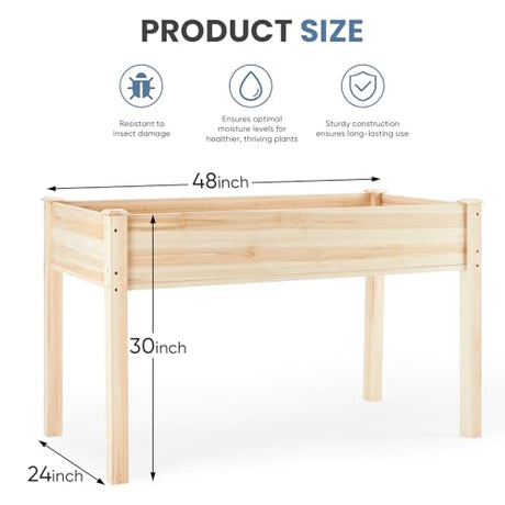 DUMOS Raised Garden Bed with Legs, 48x24x30in Wood Elevated Planter Box w/Bed Liner for Herbs Flowers Vegetables, 300lbs Capacity Outdoor Gardening Planters for Patio Balcony Backyard, Natural Wood DUMOS