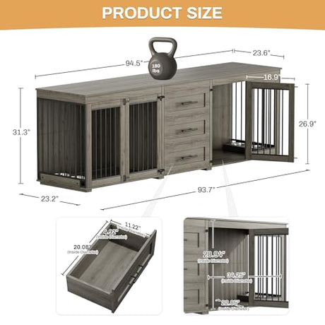 OUYESSIR 94.5" Large Dog Crate Furniture for 2 Dogs, Double Wooden Dog Kennel Furniture with 4 Dog Bowls & 3 Drawers, Heavy Duty Indoor Furniture Style Dog Cage TV Stand/Table/House, Grey OUYESSIR