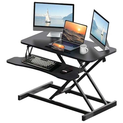 Royjhnl Standing Desk Converter 32 Inch, Height Adjustable Sit-Stand Workstation, Dual Monitor Riser with Wide Keyboard Tray - Office & Home Use, Black (Black) Royjhnl