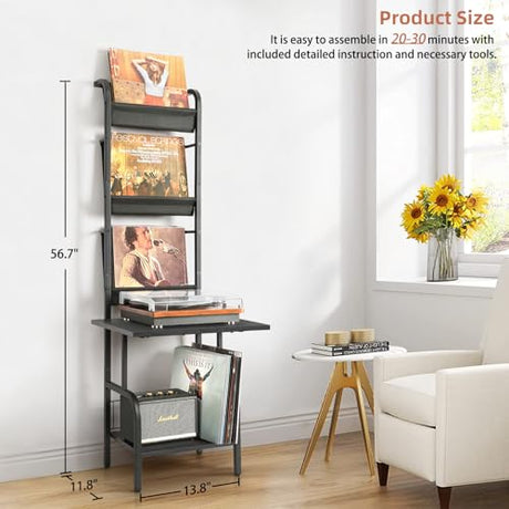 Record Player Stand with Vinyl Storage for up to 200 Albums, Turntable Stand with Record Holder Display Shelf Tewinko