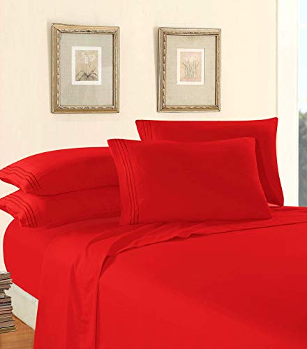 Elegant Comfort Luxury Soft 1500 Premier Egyptian 4-Piece Premium Hotel Quality Wrinkle Resistant Coziest Bedding Set, All Around Elastic Fitted Sheet, Deep Pocket up to 16inch, King, Red Elegant Comfort
