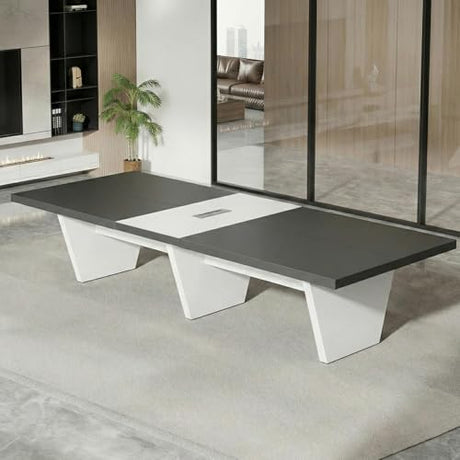 10FT Conference Table with Rectangle Grommet, 2.13" Thickened Desktop, Business Style Wooden Training Table, Modern Seminar Boardroom Table for Office Conference Room SNKBOAT