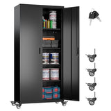 Metal Storage Cabinet with Wheels, 73"H Garage Storage Cabinet with 4 Adjustable Shelves and Locking Doors, Industrial Storage Cabinet for Garage Home Office Utility Room (Black)-Required Assembly Reemoon