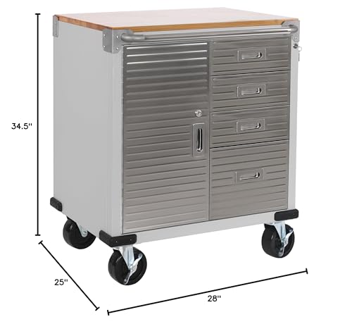 Seville Classics UltraHD Heavy Duty Rolling Cabinet Workbench Table w/Solid Wood Top Workstation for Garage, Office, Workshop, 1-Door, 4-Drawer (28" W x 25" D), Granite Seville Classics