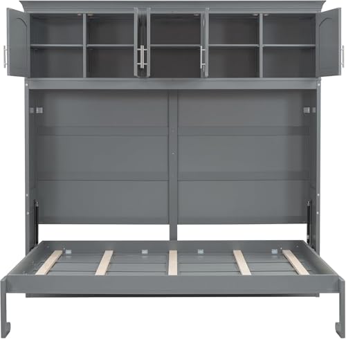 Virubi Queen Horizontal Murphy Bed with Storage Cabinet,Wood Folding Murphy Wall Bed for Adult (Grey,Queen) Virubi