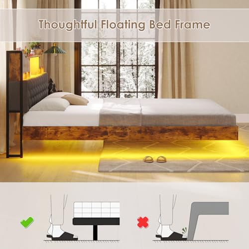 BYSAUD California King Bed Frame with LED Lights & Charging Station, Floating Bed Frame with Storage Headboard, Heavy Duty Metal Platform with Capacity of 1200 LBS, No Box Spring Needed, Grey BYSAUD