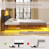 BYSAUD California King Bed Frame with LED Lights & Charging Station, Floating Bed Frame with Storage Headboard, Heavy Duty Metal Platform with Capacity of 1200 LBS, No Box Spring Needed, Grey BYSAUD