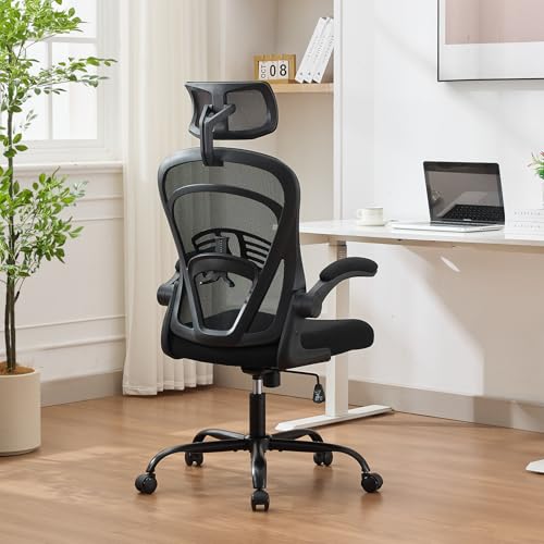 Ergonomic Office Chair,Computer Desk Chair Comfy with Flip-Up Armrests,Comfortable Lumbar Support Gaming Chairs for Bedroom,Study,Student,Wide Seat,Black Garvee