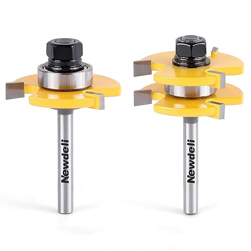 Newdeli Tongue and Groove Router Bit Set 1/4 Inch Shank - 2pcs Router Bits for 3/4" Stock, 1/2" Cutting Depth - T Shape 3 Teeth Wood Milling Cutter - WoodArtSupply