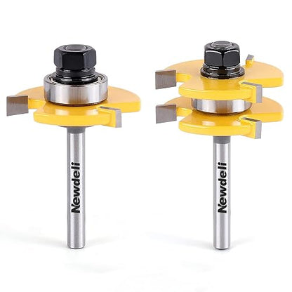 Newdeli Tongue and Groove Router Bit Set 1/4 Inch Shank - 2pcs Router Bits for 3/4" Stock, 1/2" Cutting Depth - T Shape 3 Teeth Wood Milling Cutter - WoodArtSupply