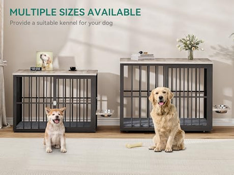 YITAHOME 88.6" Double Dog Crate Furniture, Wooden Dog Kennel with Bowls & 3 Doors, Large Double Crate Furniture TV Stand, Grey YITAHOME