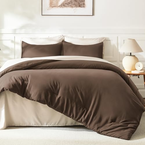 Litanika Brown Comforter Set Queen Size, 3 Pieces Lightweight Solid Bedding Comforter Set, All Season Fluffy Bed Set (90x90In Comforter & 2 Pillowcases) Litanika