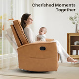 CANMOV Leather Recliner Chair, Swivel Rocker Recliner Chair, 360°Swivel Nursery Glider Recliner, Manual Recliner for Small Spaces,Living Room,Bedroom,Brown