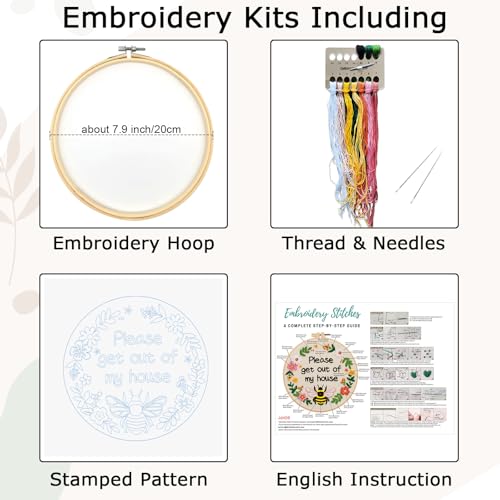 Nuberlic Funny Bee Embroidery Kits for Beginners, Please Get Out of My House Embroidery Kit for Adults- Easy Cross Stitch Starter Kit with Printed Fabric, Hoop, Needles Instruction and Threads