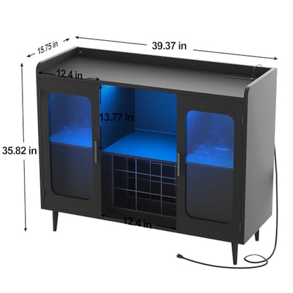 iSunirm Wine Bar Cabinet with Power Outlet, Liquor Cabinet Bar with LED Light and Glass Holder, Home Coffee Bar Cabinet, Buffet Sideboard with Storage Shelf for Kitchen, Dining Room, Black - WoodArtSupply