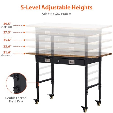 ACONEE 60" Adjustable Workbench with Drawer Storage, Heavy-Duty Worktable with Pegboard & Power Outlet, Solid Steel Frame, 2000LBs Load Capacity Rubber Wood Top Workbench for Garage, Office, Workshop ACONEE