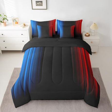 Feelyou Geometric Ombre Teens Comforter Set with Sheets Full Size Kids Boys Women Blue Red and Black 7 Piece Bedding Set Decor Modern Stripes Bed Set Feelyou
