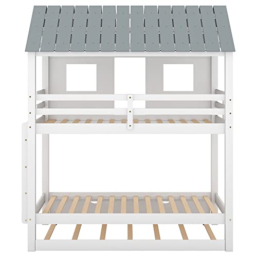 Merax Twin Over Twin Bunk Bed with Trundle,Roof and Windows,House-Shaped Wood Bunk Bed for with Built-in Ladder and Guardrail for Girls,Boys,White+Grey Merax