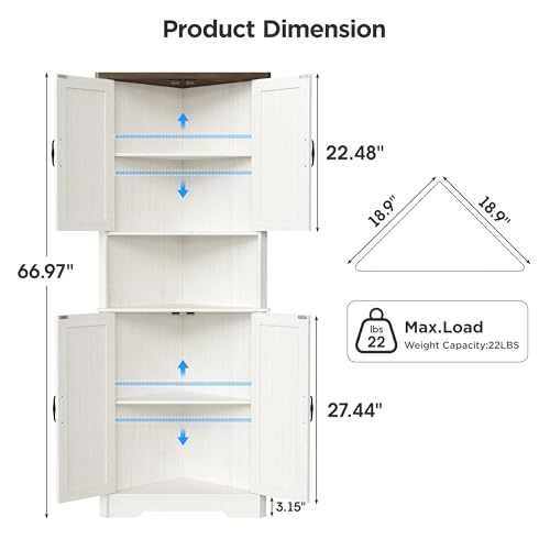 Vabches Tall Corner Cabinet, Corner Bathroom Cabinet, 67" Farmhouse Storage Cabinet with 4 Doors and Adjustable Shelves, Home Space Saver for Bathroom, Kitchen, Living Room, Pantry, White Vabches
