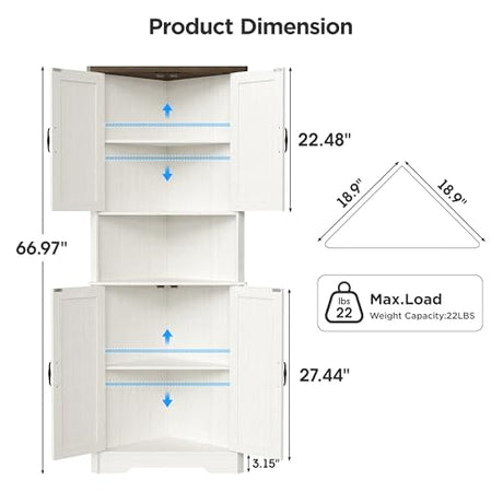 Vabches Tall Corner Cabinet, Corner Bathroom Cabinet, 67" Farmhouse Storage Cabinet with 4 Doors and Adjustable Shelves, Home Space Saver for Bathroom, Kitchen, Living Room, Pantry, White Vabches