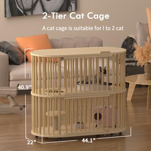 Wooden Cat House Large Cat-Cage - Cat Furniture with Scratching Post, Large Capacity Cat Villa with Wheels and Escape Door for Homes Pet Stores Pet Hospitals Cats - WoodArtSupply