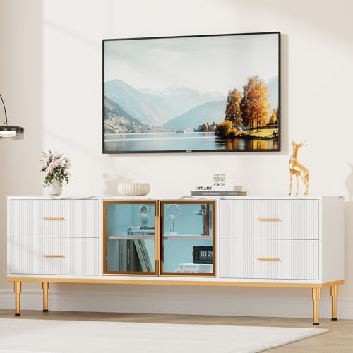 Garvee Fluted TV Stand with Storage Drawers for TVs Up to 75 Inch, Entertainment Center TV Table with LED Lights and Glass Door, Media Console with Faux Marble Top for Living Room, Bedroom, White Garvee