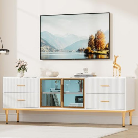 Garvee Fluted TV Stand with Storage Drawers for TVs Up to 75 Inch, Entertainment Center TV Table with LED Lights and Glass Door, Media Console with Faux Marble Top for Living Room, Bedroom, White Garvee