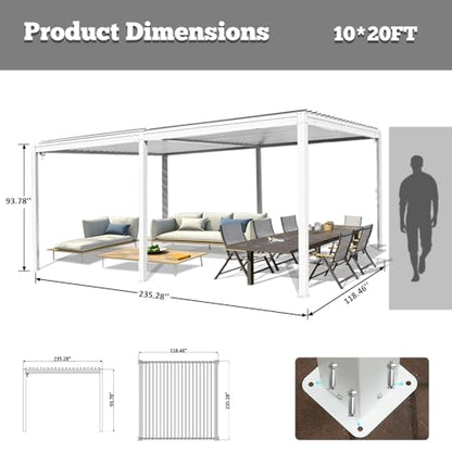 Domi Louvered Pergola 10X20FT, Aluminum Pergola with Adjustable Roof, Aluminum Frame, Efficient Drainage System, Outdoor Pergola for Patio, Deck, Garden, White