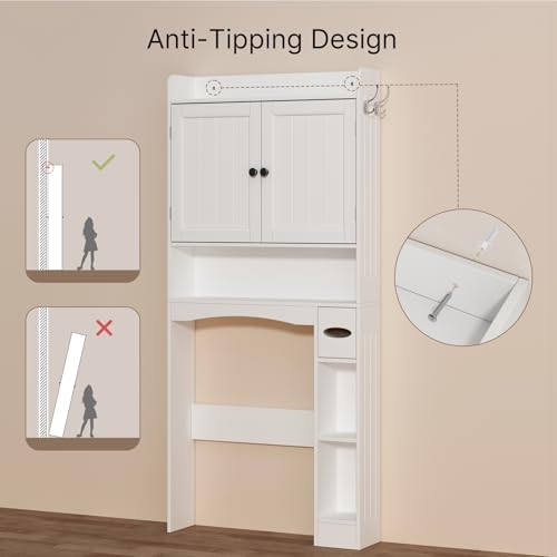 Ahomly Over The Toilet Storage Cabinet, 32.3" W x 70.3" H Over Toilet Bathroom Organizer with Doors, Adjustable Shelves, Toilet Paper Holder, 2 Side Hooks, Space-Saver for Bathroom, Laundry, White Ahomly