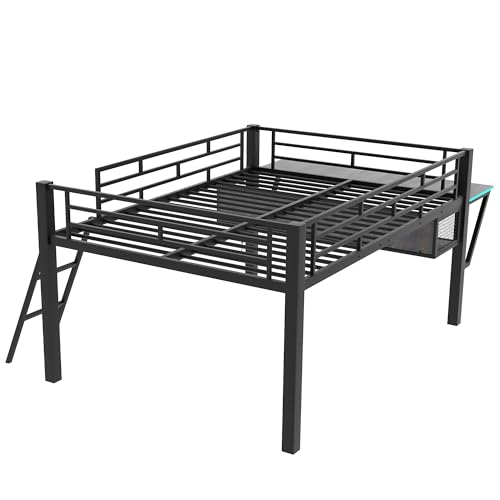 DEYOBED Full Size Loft Gaming Bed with LED Light and Integrated Desk in Black