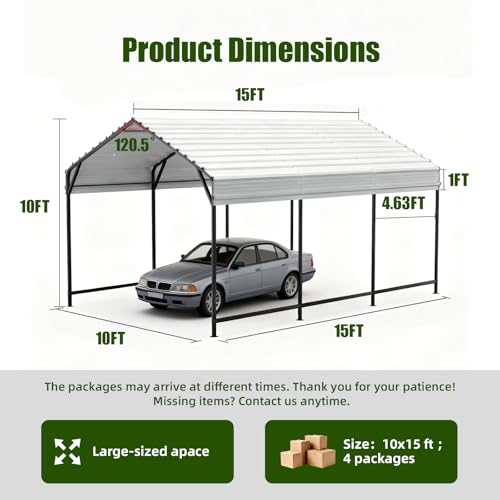 VOYSIGN Metal Carport Heavy Duty 10x15ft Outdoor Galvanized Steel Car Port, Vehicle Canopy Garage Shade, Multi-Use Shelter for Car, Boat, Tractors & Outdoor Storage VOYSIGN