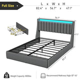 SADENICEL Full Size Bed Frame with Headboard and 2 Storage Drawers, Metal Full Bed Frame Platform with LED Light, Charging Station, No Box Spring Needed, Noise Free, Easy Assembly, Grey SADENICEL