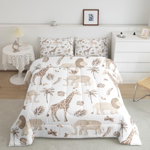 Feelyou Jungle Animals Comforter Twin Size Elephant Lion Giraffe Animal Bedding Sets African Safari Animal Duvet Set for Kids Boys Girls Hunter Brown Rust Wildlife Down Quilt Feelyou