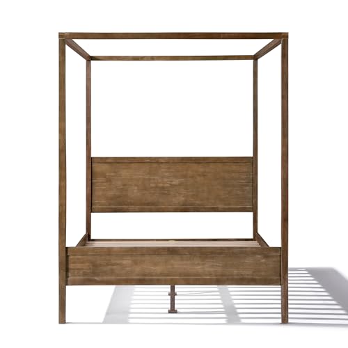 Christopher Knight Home Darnel Wooden Canopy Bed Frame Queen Size with Headboard, 4 Poster Platform Queen Bed Frame, Strong Wood Slat Mattress Support, No Box Spring Needed, Antique Natural