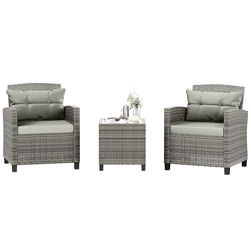 Shintenchi 3 Pieces Patio Furniture Set 3 Pieces PE Rattan Wicker Chairs with Table Outdoor Furniture for Backyard/Garden/Poolside/Outdoor Restaurant Gary Rattan with Gary Cushion Shintenchi