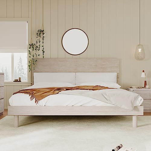 Merax Stone Gray Modern Rustic Solid Wood Platform Bed with High Headboard - WoodArtSupply