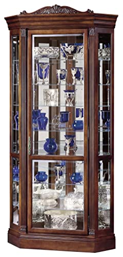 Howard Miller Embassy II Corner Curio Cabinet 680-290 – Embassy Cherry Finish, Distressed Home Decor, Seven Glass Shelves, Eight Level Display Case, Locking Front Door & Halogen Light